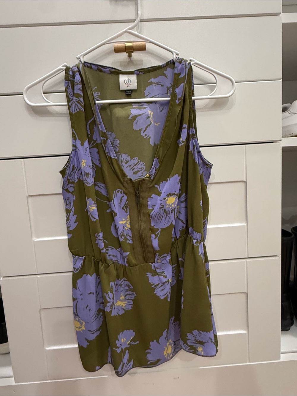 CAbi Olive & Lavender Floral V-Neck Sleeveless Blouse